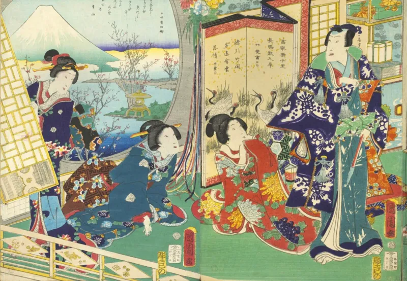 Utagawa Kunichika – Prinz Genji zu Besuch in einer Residenz mit Blick auf den Berg Fuji