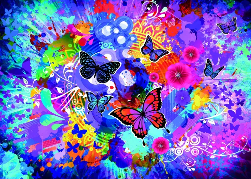 Bunte Blumen und Schmetterlinge
