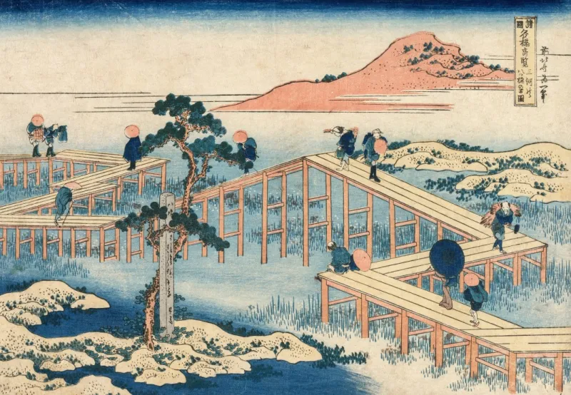 Hokusai - Ein Altes Bild der Achtteiligen Brücke in der Provinz Mikawa