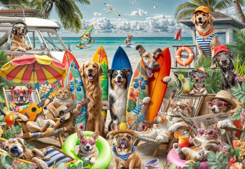 Hunde und Katzen am Strand