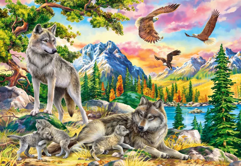 Wolfsfamilie und Adler