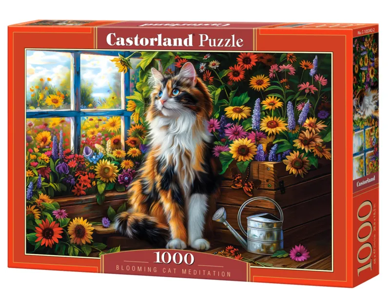 Meditation mit Katze und Blumen
