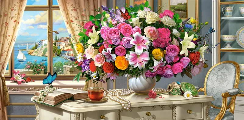 Sommerblumen und eine Tasse Tee