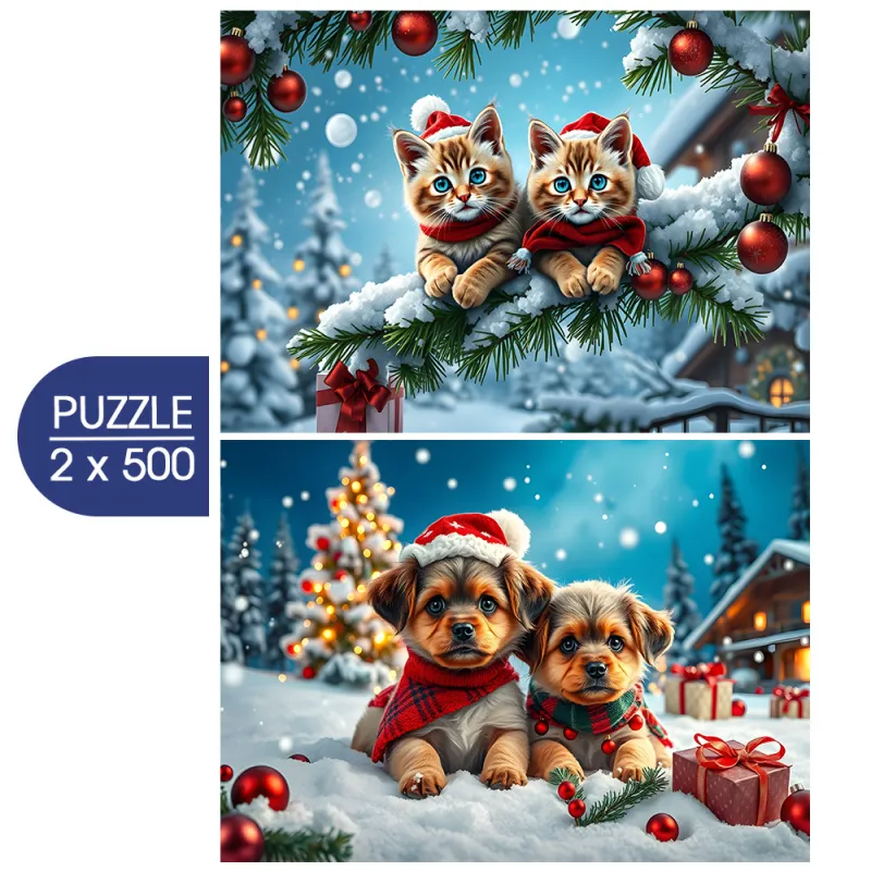 2 Puzzles - Weihnachtskätzchen und -welpen