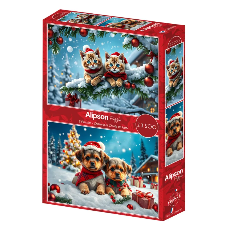2 Puzzles - Weihnachtskätzchen und -welpen