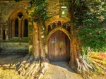 St Edward's Parish Church north door flanked by yew trees